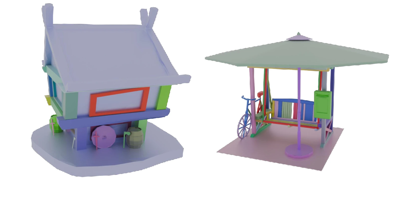 Two complex generated structures composed of many colored parts